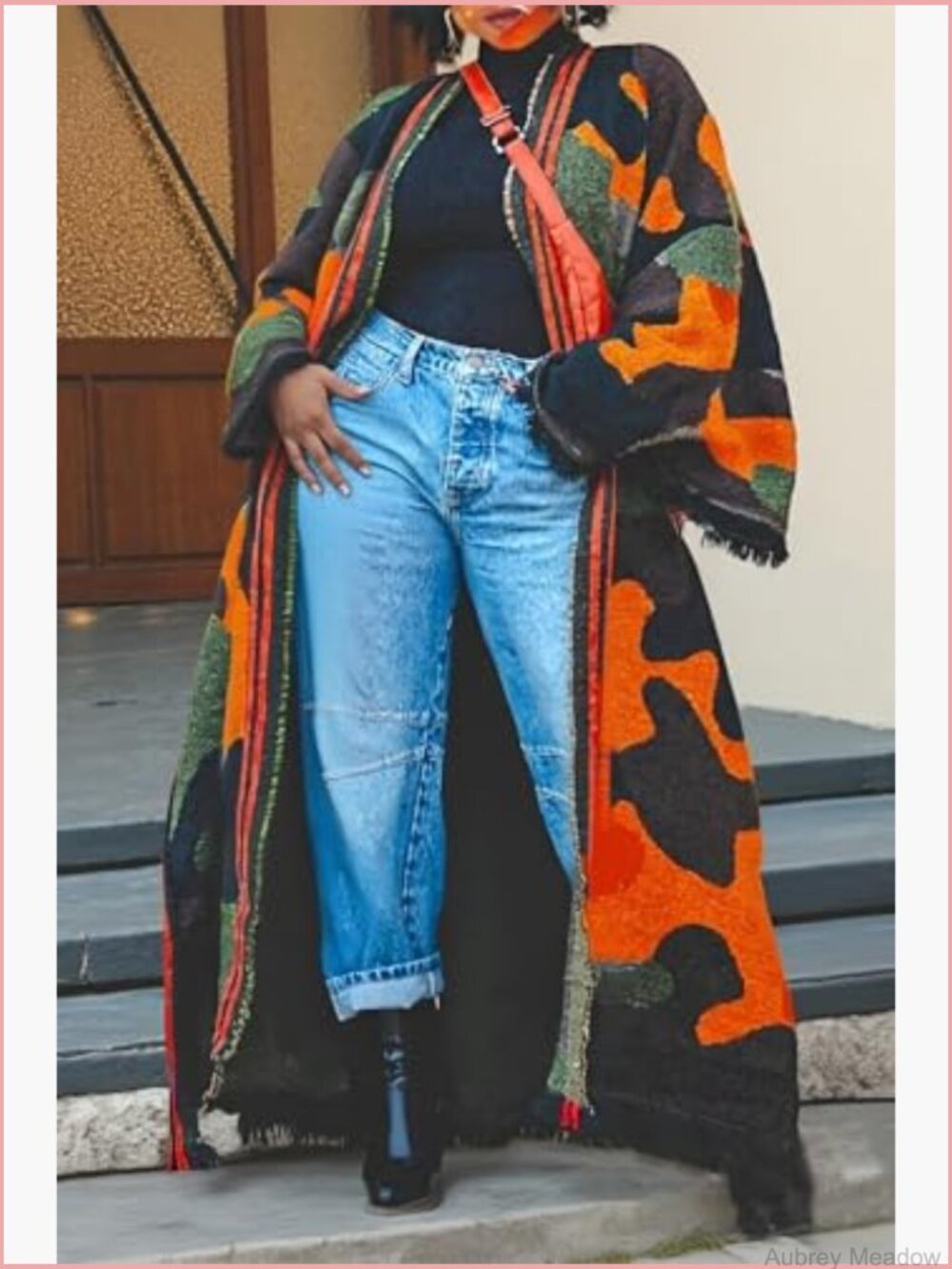 Long Camo Cardigan Poncho Open Front Fringe Knit Duster Kimono Maxi Cape Coat - Picture 2 of 7